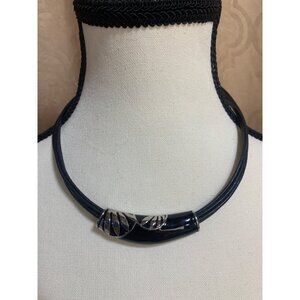 Black Leather & Silver-Tone Leaf Pendant Choker Necklace